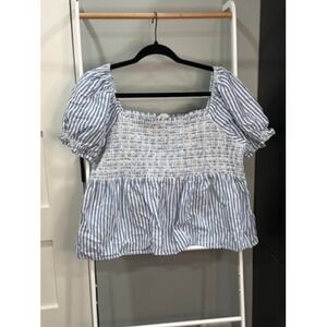 American Eagle Blue White Striped Smocked Puff Sleeve Peplum Top XL Boho Peasant